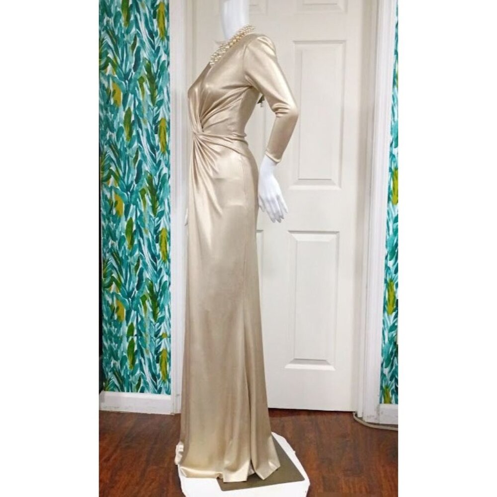 Chiara Boni made in Italy Metallic Gold Gown Size 0 Long Evening Pleated Waist D - Picture 6 of 12